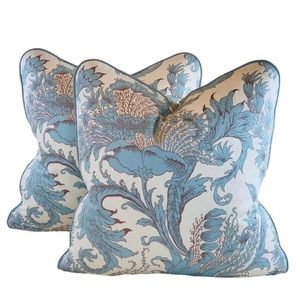 Pair Vicki Payne Free Spirit Aqua Ivory & Gray Crewel Floral Pillow Covers